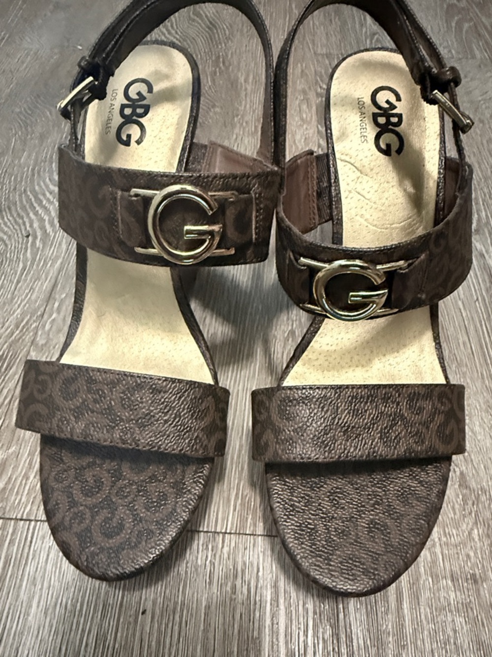 GBG Los Angeles Brown Logo Print Sandals with Gold G Buckle